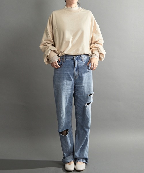 almo(アルモ)の「【emaan】ロングスリーブTシャツ ビック シルエット(Tシャツ/カットソー・レディース・グレー/ブラック/ベージュ/ブラウン/ホワイト・FREE)」の9枚目の写真