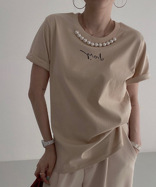 パール付きプリント半袖Tシャツ（Tシャツ/カットソー）｜deux amour（ドゥーザムール）