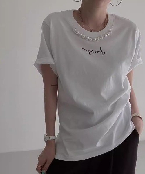 deux amour（ドゥーザムール）の「パール付きプリント半袖Tシャツ（Tシャツ/カットソー・レディース・ホワイト/ブラック/ベージュ・FREE）」の2枚目の写真