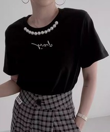 パール付きプリント半袖Tシャツ