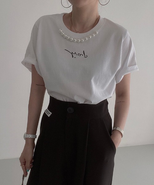 deux amour（ドゥーザムール）の「パール付きプリント半袖Tシャツ（Tシャツ/カットソー・レディース・ホワイト/ブラック/ベージュ・FREE）」の11枚目の写真