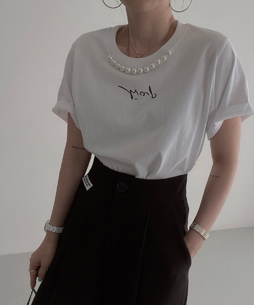 deux amour（ドゥーザムール）の「パール付きプリント半袖Tシャツ（Tシャツ/カットソー・レディース・ホワイト/ブラック/ベージュ・FREE）」の10枚目の写真
