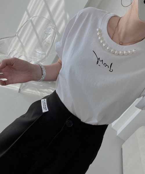 deux amour（ドゥーザムール）の「パール付きプリント半袖Tシャツ（Tシャツ/カットソー・レディース・ホワイト/ブラック/ベージュ・FREE）」の9枚目の写真