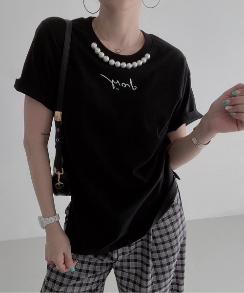 deux amour（ドゥーザムール）の「パール付きプリント半袖Tシャツ（Tシャツ/カットソー・レディース・ホワイト/ブラック/ベージュ・FREE）」の7枚目の写真
