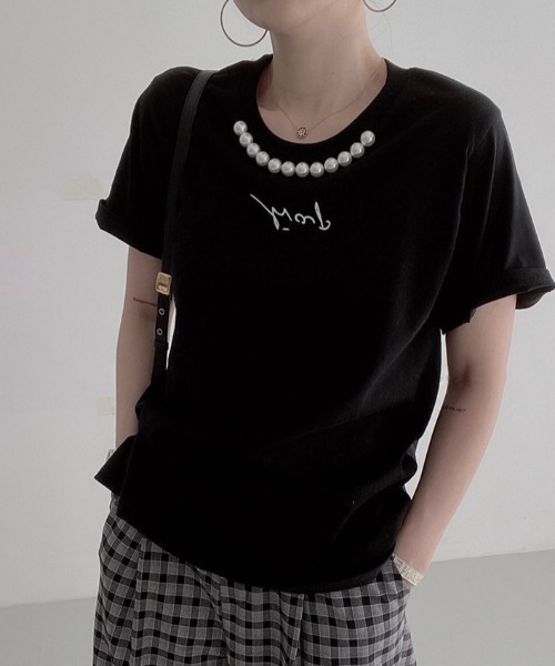 deux amour（ドゥーザムール）の「パール付きプリント半袖Tシャツ（Tシャツ/カットソー・レディース・ホワイト/ブラック/ベージュ・FREE）」の6枚目の写真