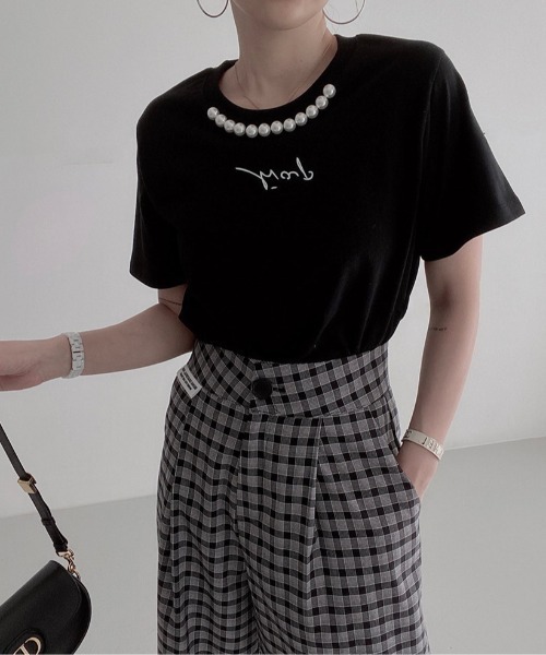 deux amour（ドゥーザムール）の「パール付きプリント半袖Tシャツ（Tシャツ/カットソー・レディース・ホワイト/ブラック/ベージュ・FREE）」の5枚目の写真