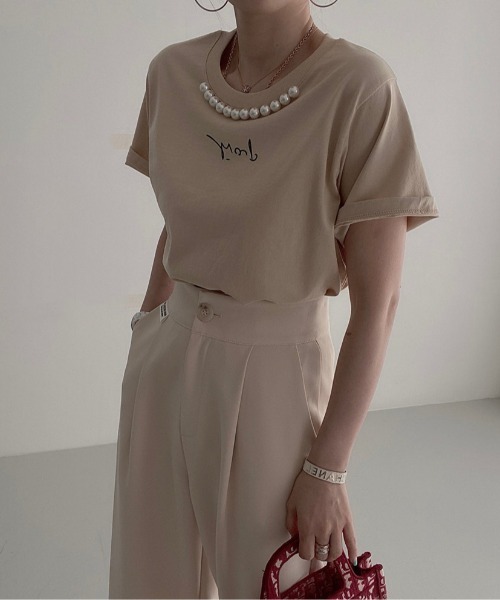 deux amour（ドゥーザムール）の「パール付きプリント半袖Tシャツ（Tシャツ/カットソー・レディース・ホワイト/ブラック/ベージュ・FREE）」の12枚目の写真