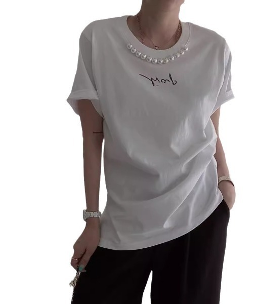 deux amour（ドゥーザムール）の「パール付きプリント半袖Tシャツ（Tシャツ/カットソー・レディース・ホワイト/ブラック/ベージュ・FREE）」の8枚目の写真