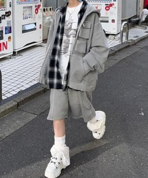 XU | ストリートファッション XU エックスユー pigment line shorts オーバーサイズ ハーフパンツ ハーフスウェットパンツ ピグメント ワイドパンツ 韓国ファッション 韓国ストリート(スウェットパンツ)