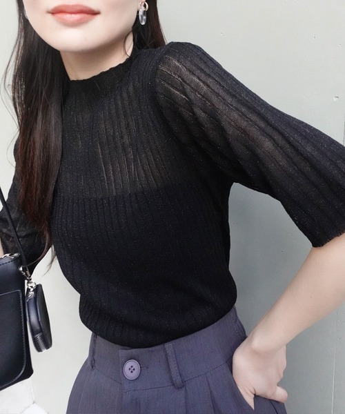 CORNERS（コーナーズ）の「ラメシアーハイネック半袖ニット（ニット/セーター・レディース・ブラック・M）」の3枚目の写真