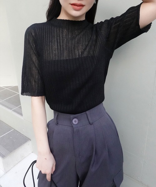 CORNERS（コーナーズ）の「ラメシアーハイネック半袖ニット（ニット/セーター・レディース・ブラック・M）」の7枚目の写真