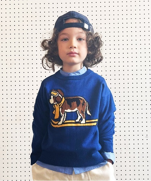 GROOVY COLORS(グルービーカラーズ)の「GROOVY SKI DOG Crewneck Knit Pullover(ニット/セーター・キッズ・ブルー/アイボリー・110/120/100)」の2枚目の写真