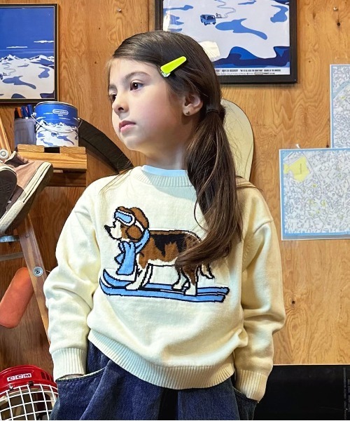 GROOVY COLORS(グルービーカラーズ)の「GROOVY SKI DOG Crewneck Knit Pullover(ニット/セーター・キッズ・ブルー/アイボリー・110/120/100)」の1枚目の写真