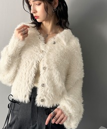 【mily bilet】上品に輝く。ラメシャギー素材メタルボタン使い襟付きカーディガン