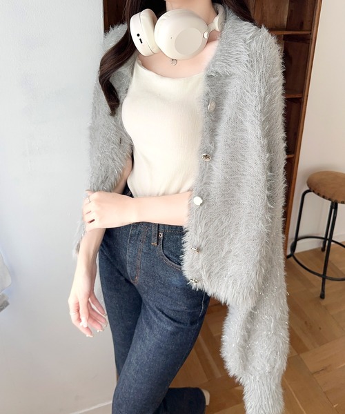 mily bilet(ミウィビレット)の「【mily bilet】上品に輝く。ラメシャギー素材メタルボタン使い襟付きカーディガン(カーディガン/ボレロ・レディース・アイボリー/ピンクベージュ/グレー・LARGE/MEDIUM/SMALL/X-LARGE)」の5枚目の写真
