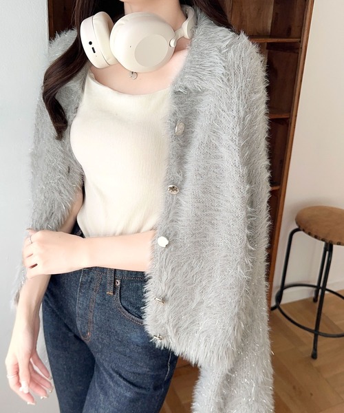 mily bilet(ミウィビレット)の「【mily bilet】上品に輝く。ラメシャギー素材メタルボタン使い襟付きカーディガン(カーディガン/ボレロ・レディース・アイボリー/ピンクベージュ/グレー・LARGE/MEDIUM/SMALL/X-LARGE)」の8枚目の写真