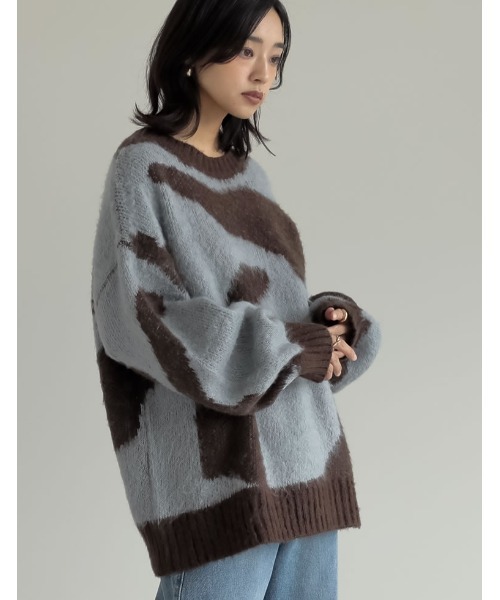 オーバーサイズ起毛マーブルジャガードニットトップス（ニット