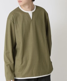 重ね着 ワッフルフェイクレイヤード ロングスリーブカットソー/ 長袖Tシャツ