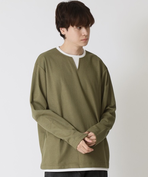ARCADE（アーケード）の「重ね着 ワッフルフェイクレイヤード ロングスリーブカットソー/ 長袖Ｔシャツ（Tシャツ/カットソー・メンズ・ネイビー/グレー/ブラック/カーキ・M/L/LL）」の21枚目の写真