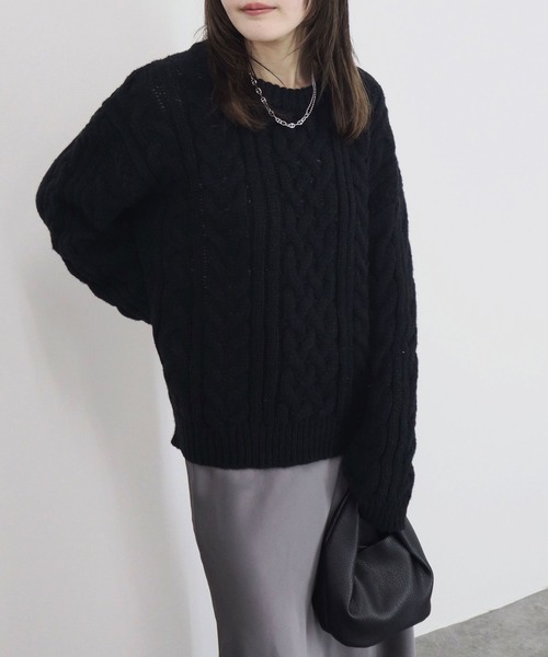 セール】オーバーケーブルニット クルーネック 長袖 ケーブル