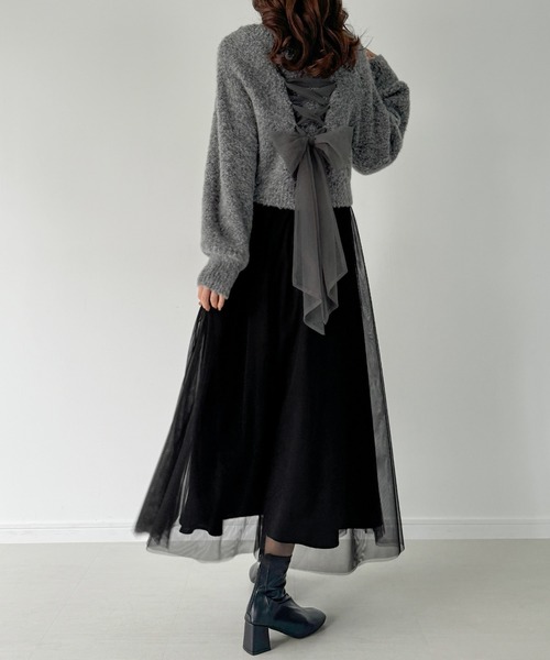 JUNOAH（ジュノア）の「[高身長サイズMT/低身長サイズS有り]レースアップチュールリボンニット＋チュールキャミワンピース　set（ワンピース・レディース・ブラック/アイボリー/チャコール・X-LARGE/LARGE/MEDIUM/SMALL/MT）」の18枚目の写真