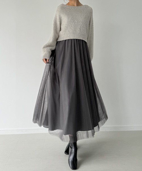 JUNOAH（ジュノア）の「[高身長サイズMT/低身長サイズS有り]レースアップチュールリボンニット＋チュールキャミワンピース　set（ワンピース・レディース・ブラック/アイボリー/チャコール・X-LARGE/LARGE/MEDIUM/SMALL/MT）」の5枚目の写真