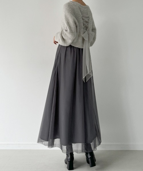 JUNOAH（ジュノア）の「[高身長サイズMT/低身長サイズS有り]レースアップチュールリボンニット＋チュールキャミワンピース　set（ワンピース・レディース・ブラック/アイボリー/チャコール・X-LARGE/LARGE/MEDIUM/SMALL/MT）」の6枚目の写真