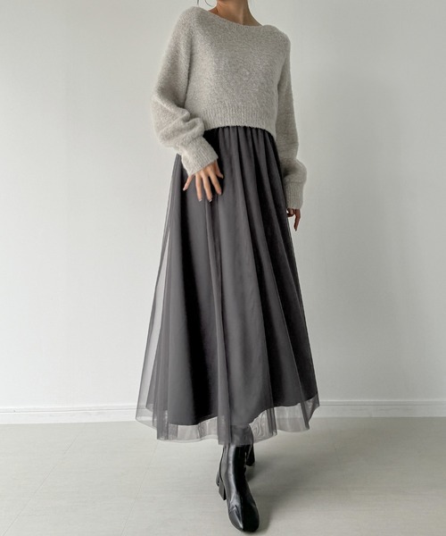 JUNOAH（ジュノア）の「[高身長サイズMT/低身長サイズS有り]レースアップチュールリボンニット＋チュールキャミワンピース　set（ワンピース・レディース・ブラック/アイボリー/チャコール・X-LARGE/LARGE/MEDIUM/SMALL/MT）」の7枚目の写真