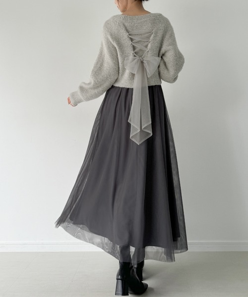 JUNOAH（ジュノア）の「[高身長サイズMT/低身長サイズS有り]レースアップチュールリボンニット＋チュールキャミワンピース　set（ワンピース・レディース・ブラック/アイボリー/チャコール・X-LARGE/LARGE/MEDIUM/SMALL/MT）」の9枚目の写真