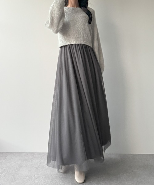 JUNOAH（ジュノア）の「[高身長サイズMT/低身長サイズS有り]レースアップチュールリボンニット＋チュールキャミワンピース　set（ワンピース・レディース・ブラック/アイボリー/チャコール・X-LARGE/LARGE/MEDIUM/SMALL/MT）」の10枚目の写真