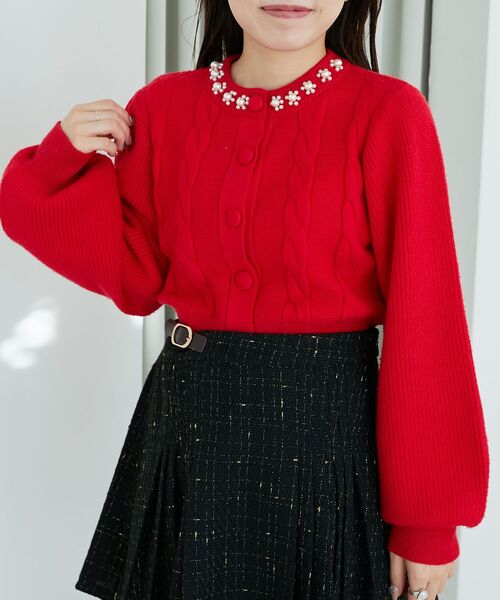 MAJESTIC LEGON（マジェスティックレゴン）の「パールケーブルカーディガン（カーディガン/ボレロ・レディース・アイボリー/レッド/チャコールグレー・MEDIUM）」の14枚目の写真