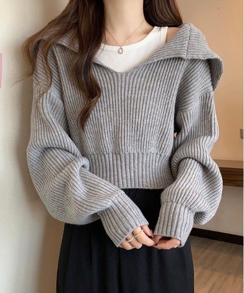 gossip!ロサンゼルス(ゴシップロサンゼルス)の「Y2K ポイントカラークロップニット 【SET】(ニット/セーター・レディース・ネイビー/オフホワイト/グレー・FREE)」の1枚目の写真