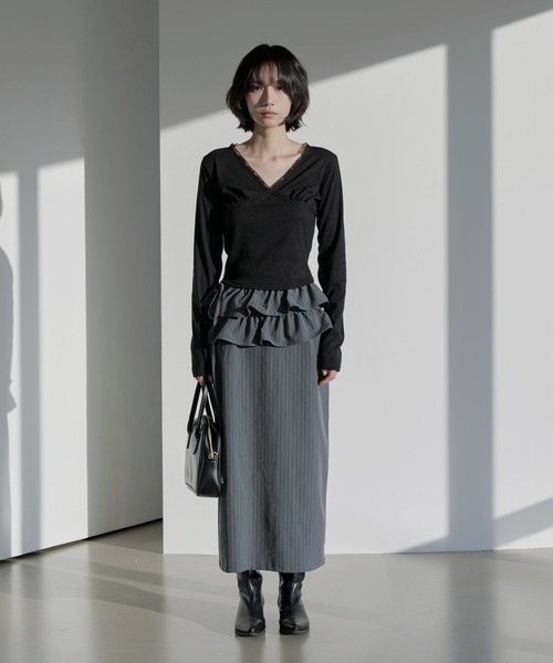 UNE MANSION（ユヌマンション）の「【UNE ORIGINAL】【スカート＆ビスチェ2WAY仕様】ストライプフリルベルトラップスカートビスチェ（スカート・レディース・グレー/ネイビー/ブラック・FREE）」の21枚目の写真