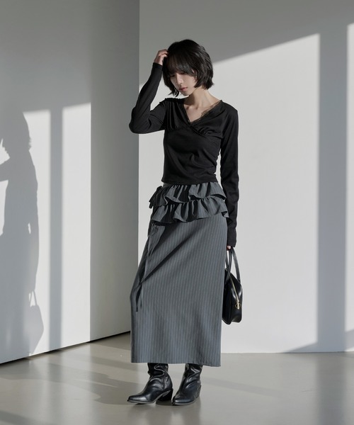 UNE MANSION（ユヌマンション）の「【UNE ORIGINAL】【スカート＆ビスチェ2WAY仕様】ストライプフリルベルトラップスカートビスチェ（スカート・レディース・グレー/ネイビー/ブラック・FREE）」の17枚目の写真