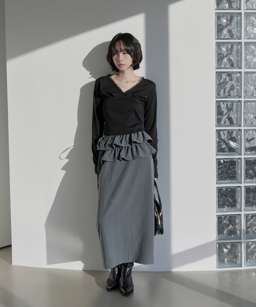 UNE MANSION（ユヌマンション）の「【UNE ORIGINAL】【スカート＆ビスチェ2WAY仕様】ストライプフリルベルトラップスカートビスチェ（スカート・レディース・グレー/ネイビー/ブラック・FREE）」の19枚目の写真