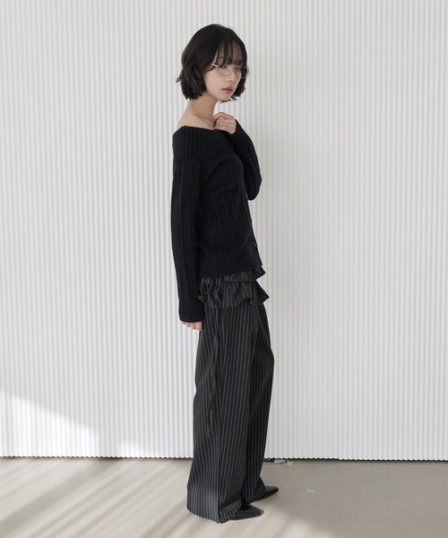 UNE MANSION（ユヌマンション）の「【UNE ORIGINAL】【スカート＆ビスチェ2WAY仕様】ストライプフリルベルトラップスカートビスチェ（スカート・レディース・グレー/ネイビー/ブラック・FREE）」の9枚目の写真