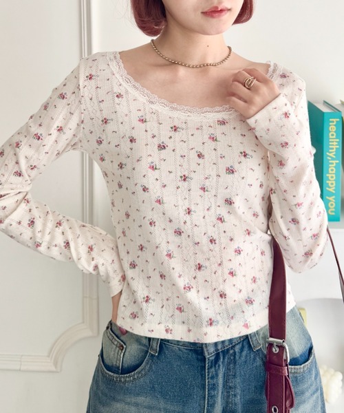 セール】レース付き小花柄トリムトップス（Tシャツ/カットソー