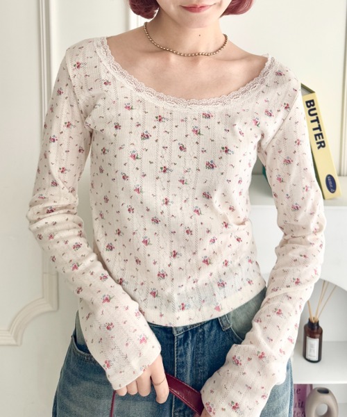 SOLLON.(ソルロン)の「レース付き小花柄トリムトップス(Tシャツ/カットソー・レディース・アイボリー/ホワイト・FREE)」の14枚目の写真