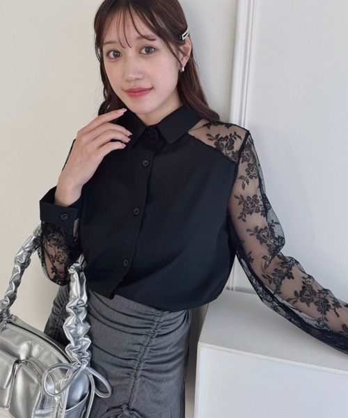 Loueme(ルエム)の「レース切り替えシャツブラウス(シャツ/ブラウス・レディース・ブラック/ホワイト/ピンク・FREE)」の1枚目の写真