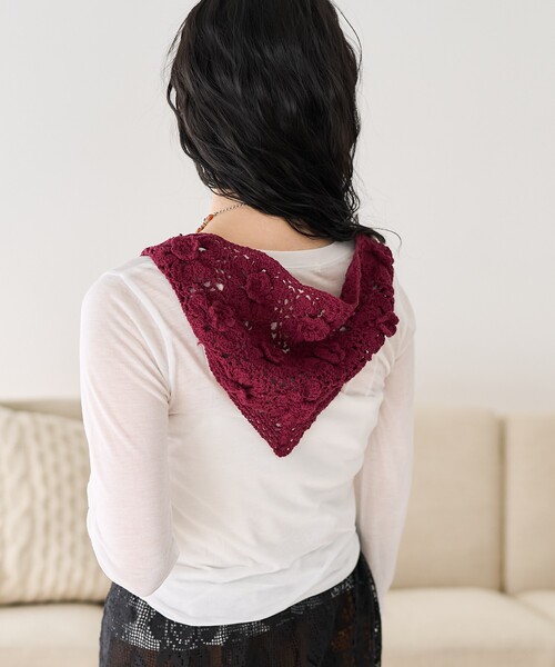 FREAK'S STORE（フリークスストア）の「インド マルチウェイ レース フラワークロシェスカーフ S（バンダナ/スカーフ・レディース・ブラック/ワインレッド/ベージュ・ﾌﾘ-）」の7枚目の写真