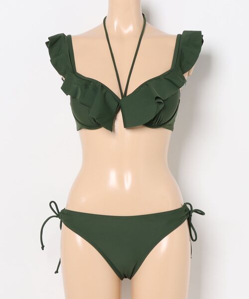 セール】【2点セット】ソリッドカラー ラッフルフリル Vネック ビキニ