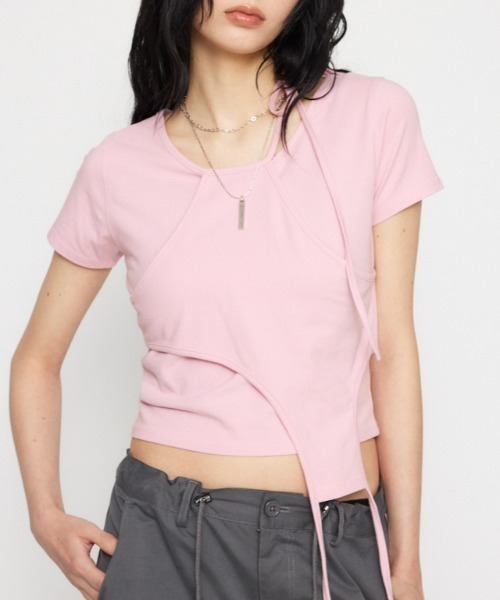 LAGUA GEM(ラグアジェム)の「NECK RIBBON CROP Tシャツ(Tシャツ/カットソー・レディース・ホワイト/ブラック/ライトピンク・FREE)」の1枚目の写真