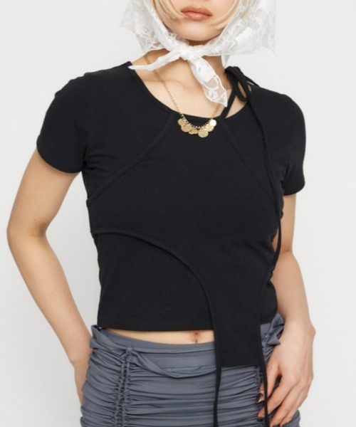 LAGUA GEM(ラグアジェム)の「NECK RIBBON CROP Tシャツ(Tシャツ/カットソー・レディース・ホワイト/ブラック/ライトピンク・FREE)」の3枚目の写真