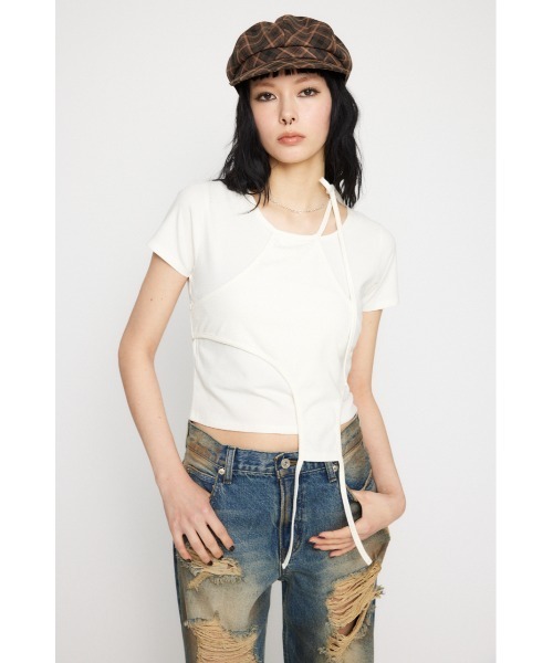 LAGUA GEM(ラグアジェム)の「NECK RIBBON CROP Tシャツ(Tシャツ/カットソー・レディース・ホワイト/ブラック/ライトピンク・FREE)」の5枚目の写真