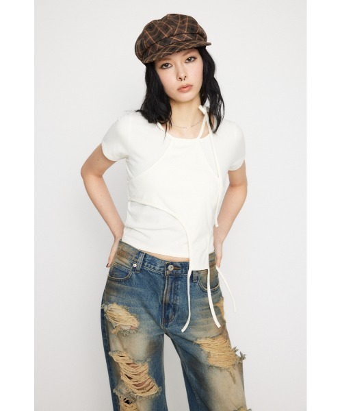 LAGUA GEM(ラグアジェム)の「NECK RIBBON CROP Tシャツ(Tシャツ/カットソー・レディース・ホワイト/ブラック/ライトピンク・FREE)」の6枚目の写真