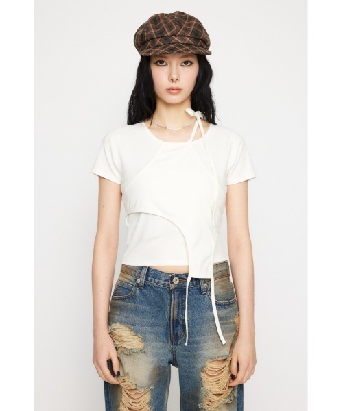 LAGUA GEM(ラグアジェム)の「NECK RIBBON CROP Tシャツ(Tシャツ/カットソー・レディース・ホワイト/ブラック/ライトピンク・FREE)」の4枚目の写真