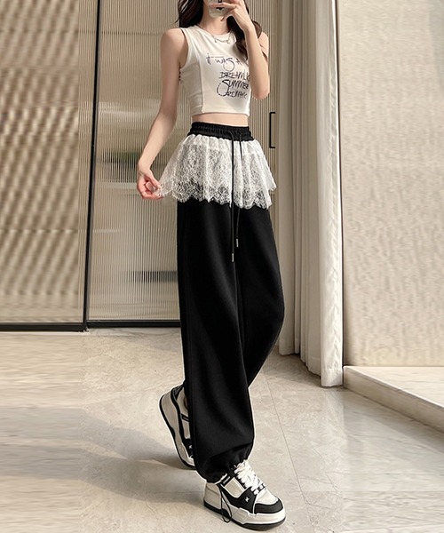 韓国 人気ブランド スカパン [SEASEE] ROSE SKIRTS PANTS レディース ふわっと韓国っぽシルエット。レーススカート