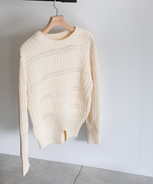 select MOCA by son（セレクトモカバイソン）の「センタースリット透かし編みニット（ニット/セーター・レディース・チャコール/アイボリー/ブラック・FREE）」の8枚目の写真