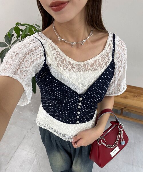 CIAOPANIC（チャオパニック）の「【2WAY】ショートスリーブレースパネルシアートップス（Tシャツ/カットソー・レディース・オフホワイト/ブラック/カーキ・ONE SIZE）」の19枚目の写真