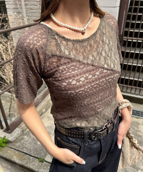 CIAOPANIC（チャオパニック）の「【2WAY】ショートスリーブレースパネルシアートップス（Tシャツ/カットソー・レディース・オフホワイト/ブラック/カーキ・ONE SIZE）」の5枚目の写真